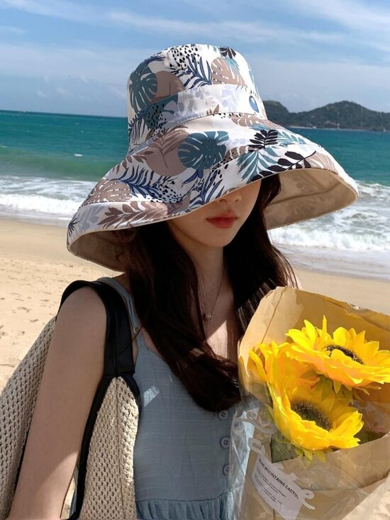 Women Wide Brim Summer Sun Hat Wired Edge Beach Bucket Fishing Hats Beige